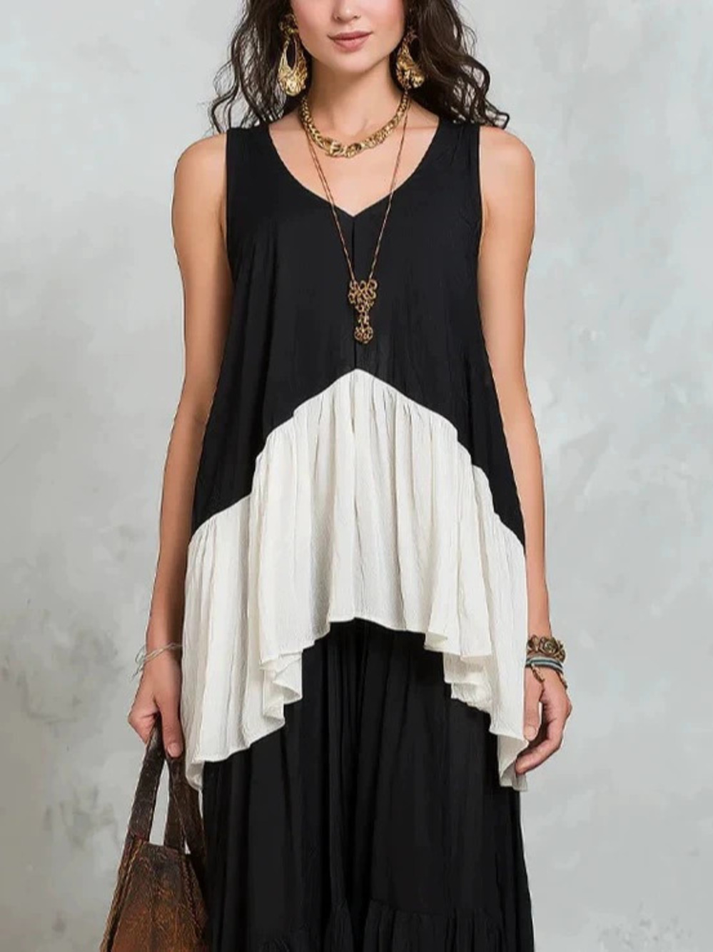 ZARA Retro Contrast Collar Sleeveless Top & Maxi Skirt Set